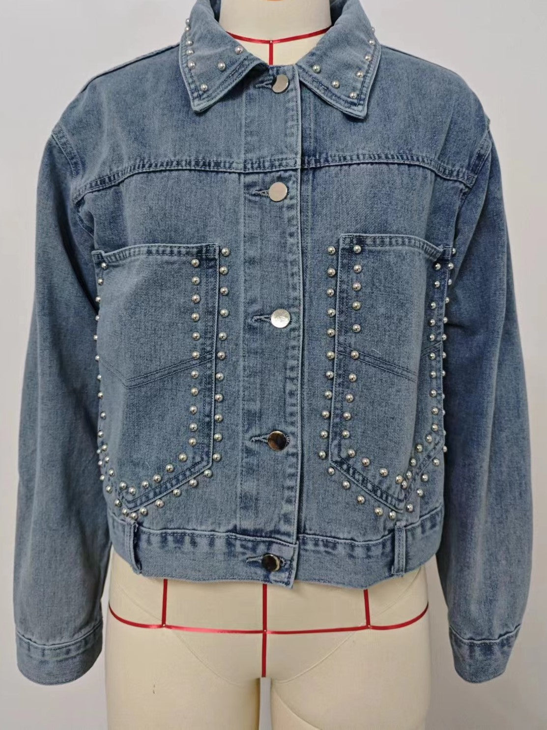 Studded Cropped Denim Jacket - Blue - 5