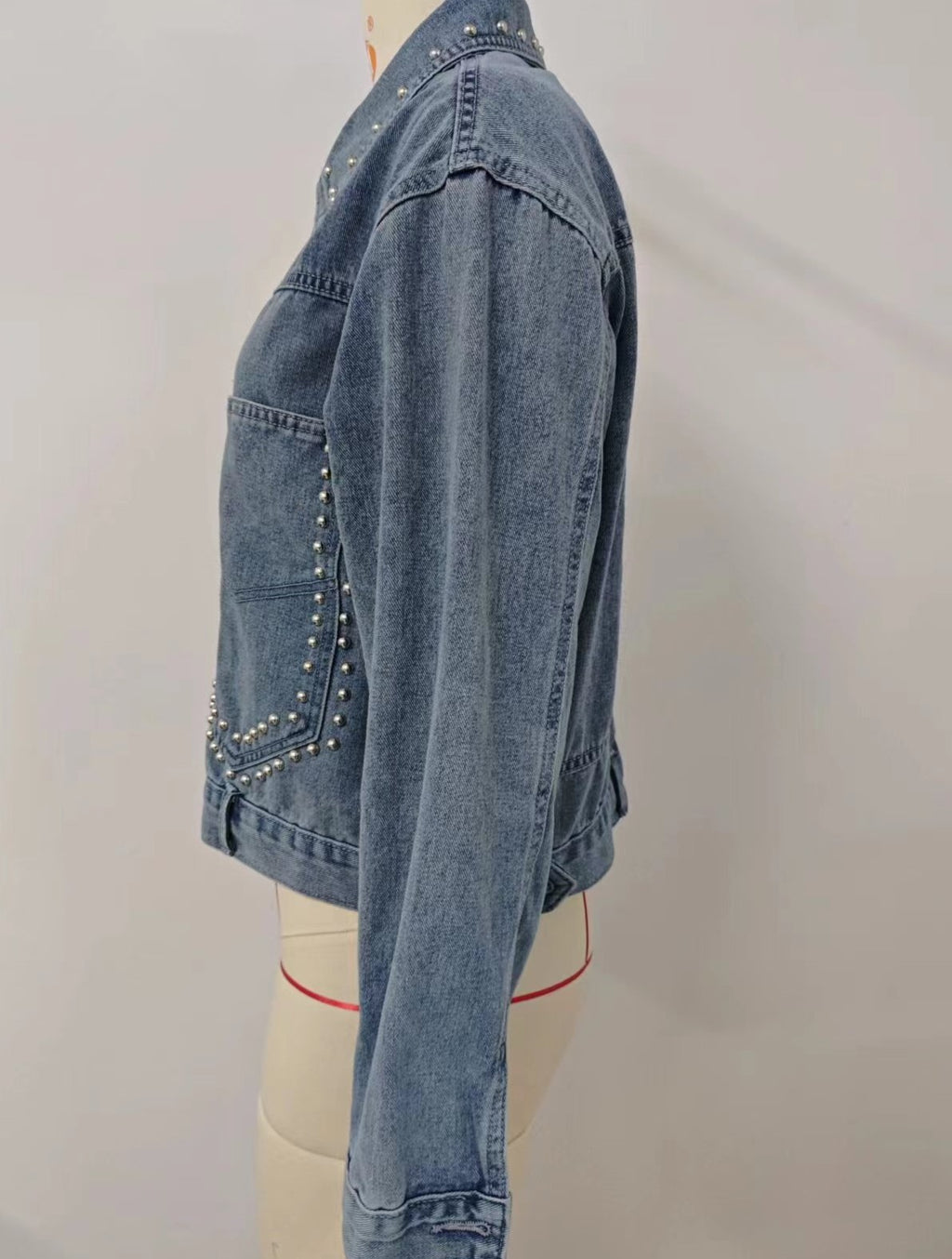 Studded Cropped Denim Jacket - Blue - 8