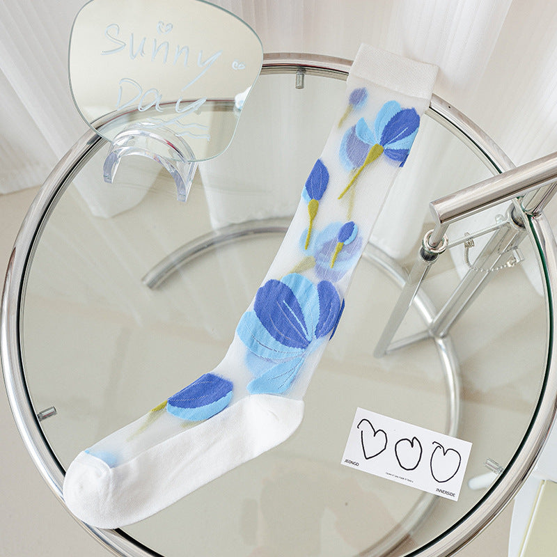 Sheer Mesh Floral Knee High Socks - Blue