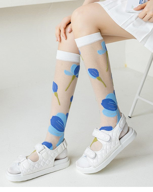Sheer Mesh Floral Knee High Socks - Blue - 2