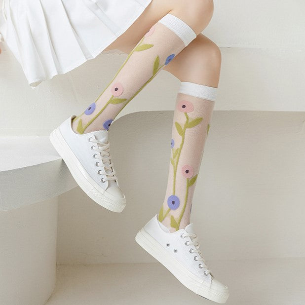 Sheer Mesh Floral Knee High Socks - Flowers - 1