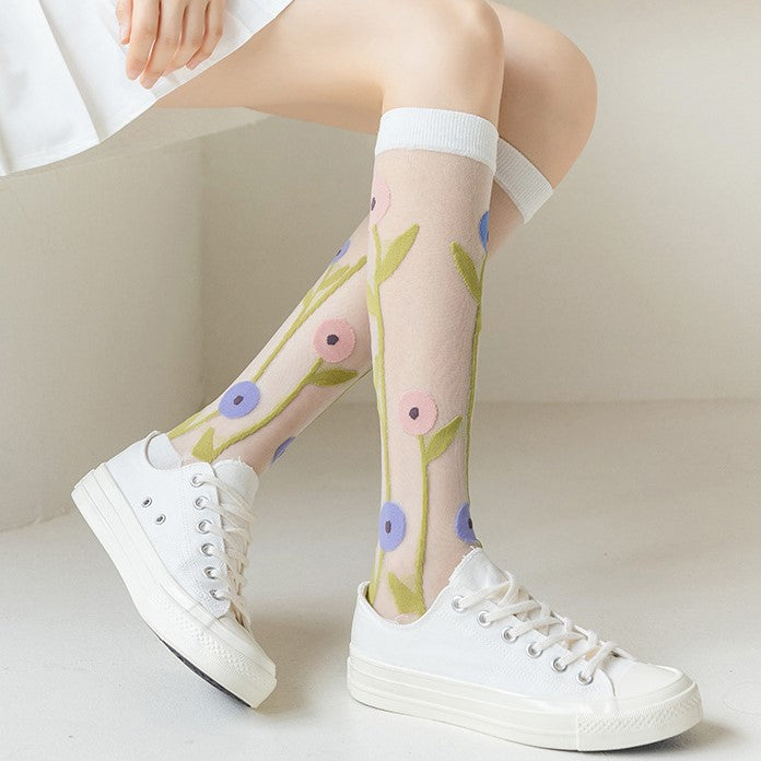 Sheer Mesh Floral Knee High Socks - Flowers - 2