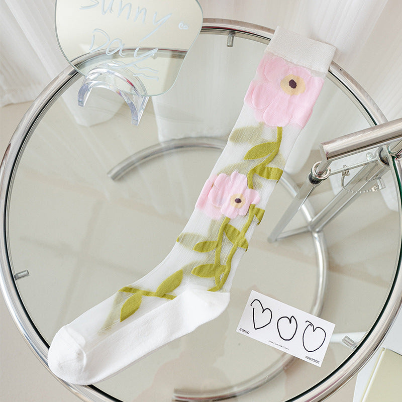 Sheer Mesh Floral Knee High Socks - Pink