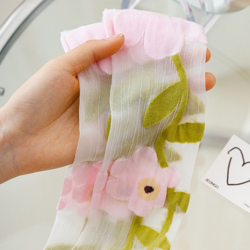 Sheer Mesh Floral Knee High Socks - Pink - 1