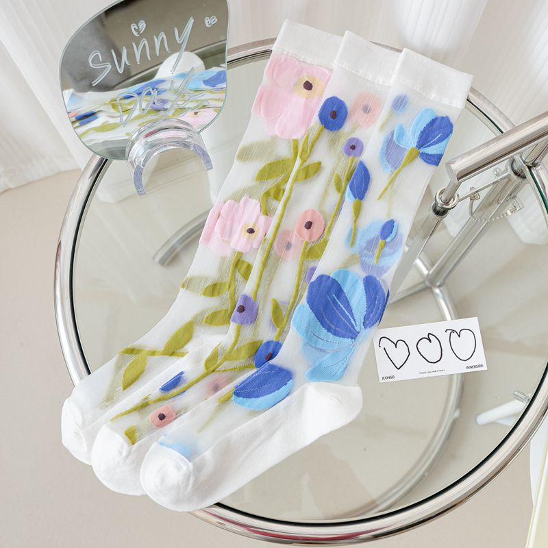 Sheer Mesh Floral Knee High Socks - view 1