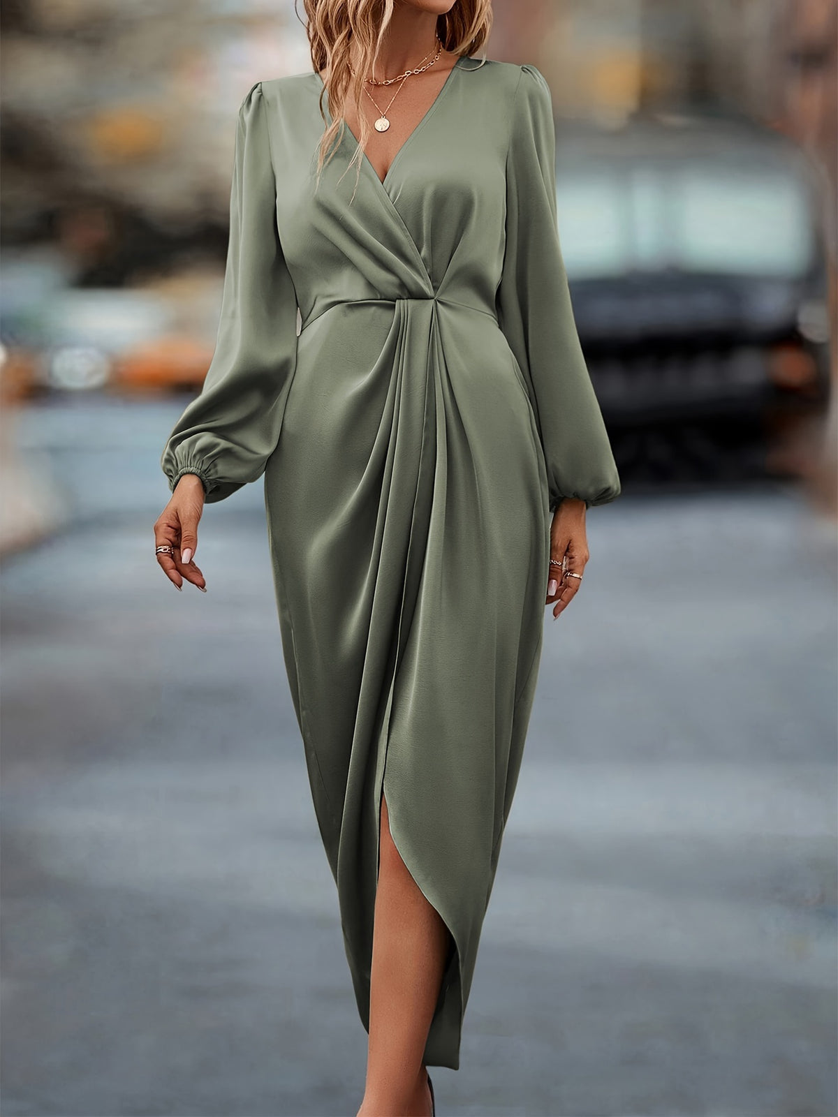 Twist Front Satin Wrap Midi Dress - Green