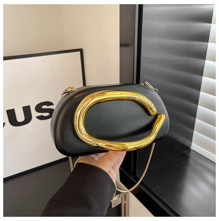Oval Pillow Clutch with Curved Metal Handle - Black