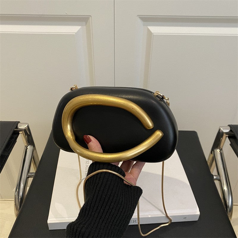 Oval Pillow Clutch with Curved Metal Handle - Black Brushed