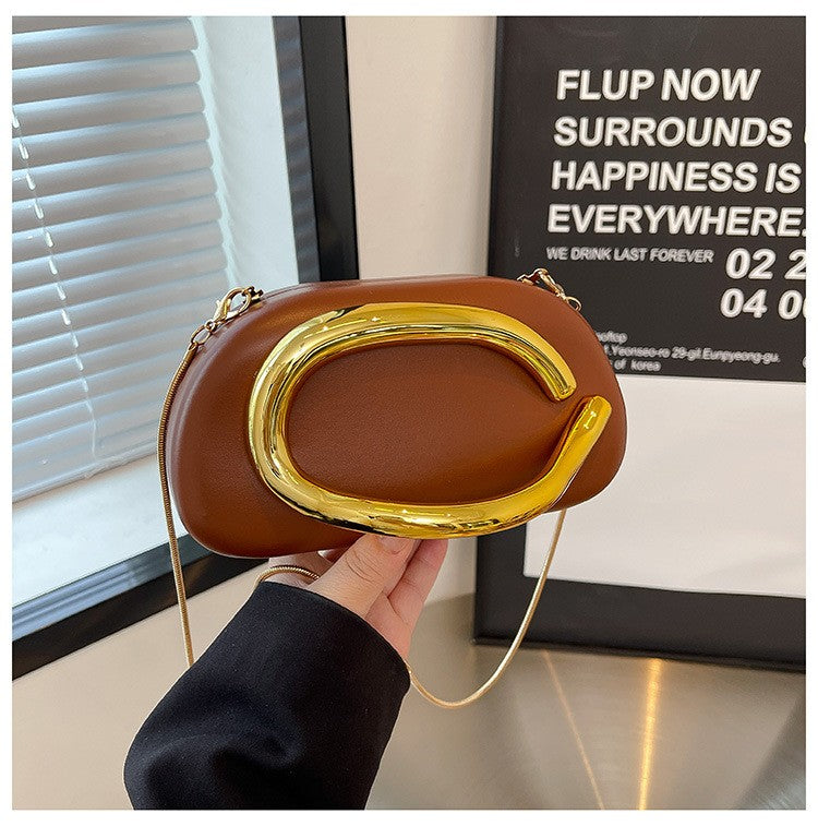Oval Pillow Clutch with Curved Metal Handle - Caramel