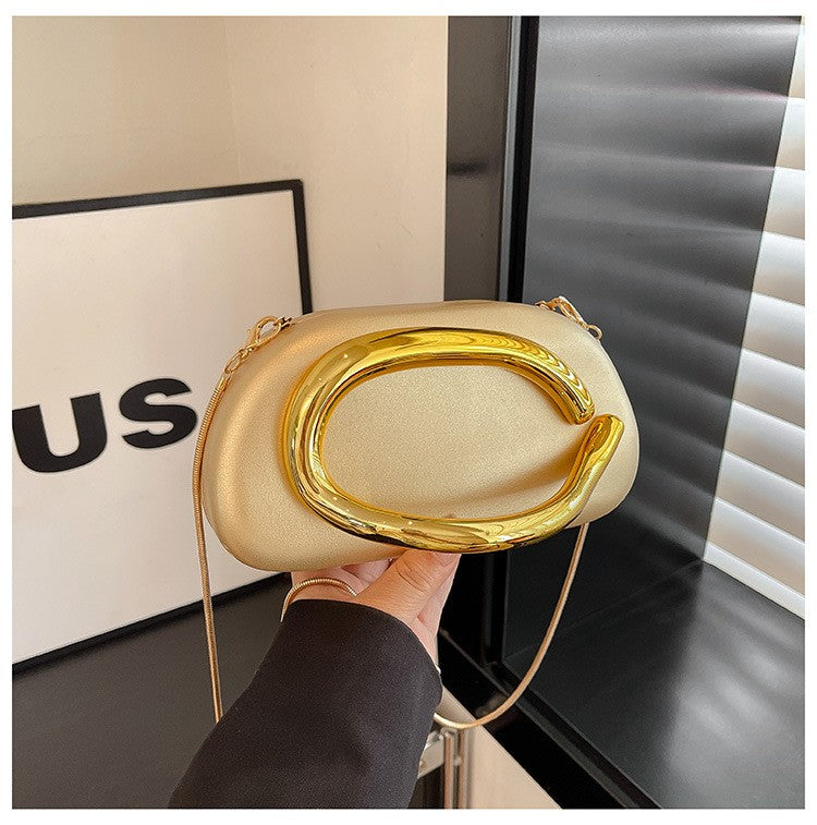 Oval Pillow Clutch with Curved Metal Handle - Gold