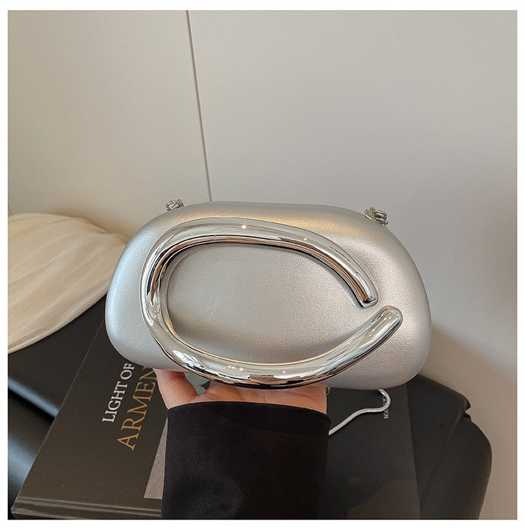 Oval Pillow Clutch with Curved Metal Handle - Silver