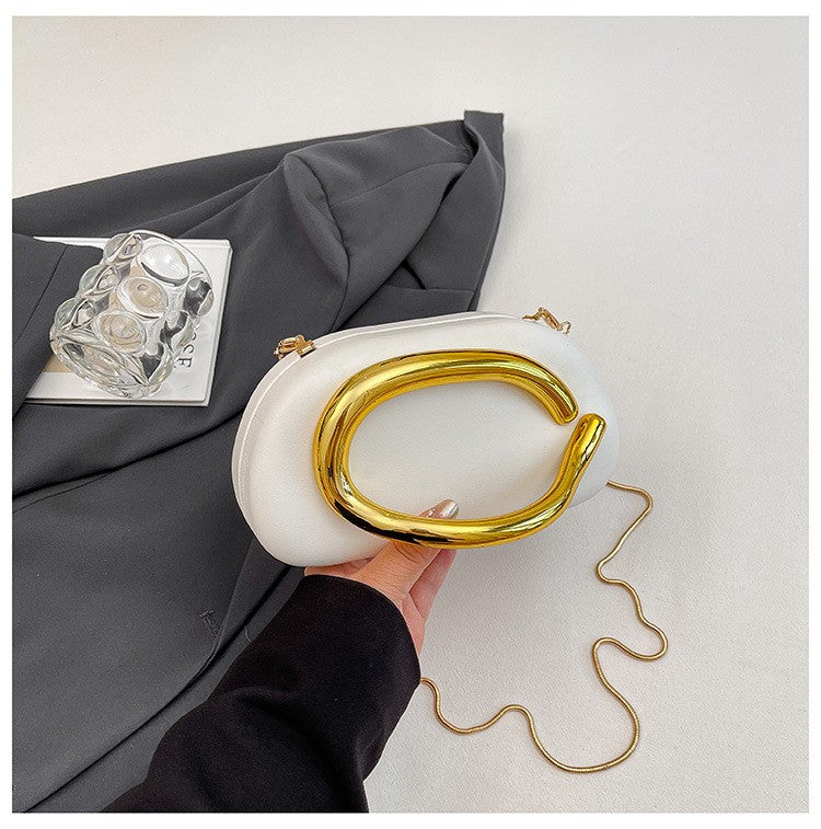 Oval Pillow Clutch with Curved Metal Handle - White