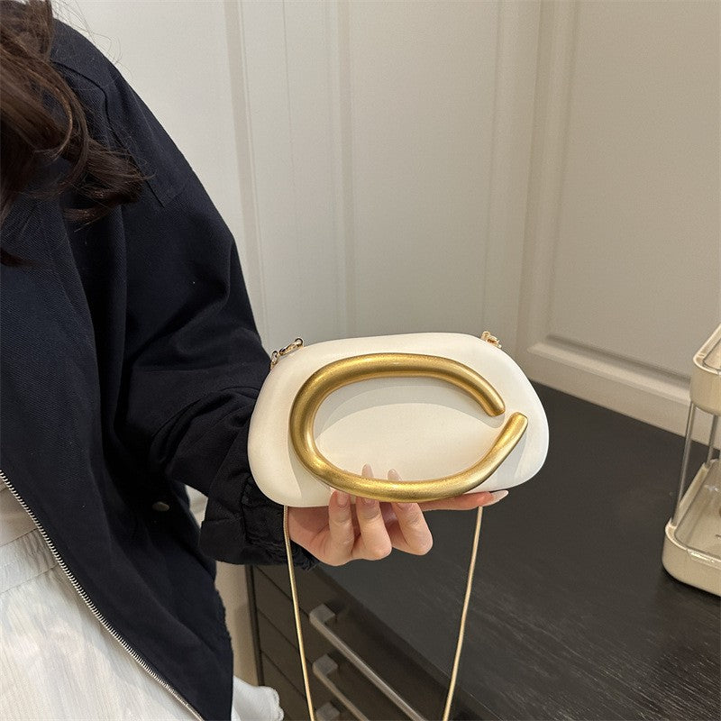 Oval Pillow Clutch with Curved Metal Handle - White Brushed