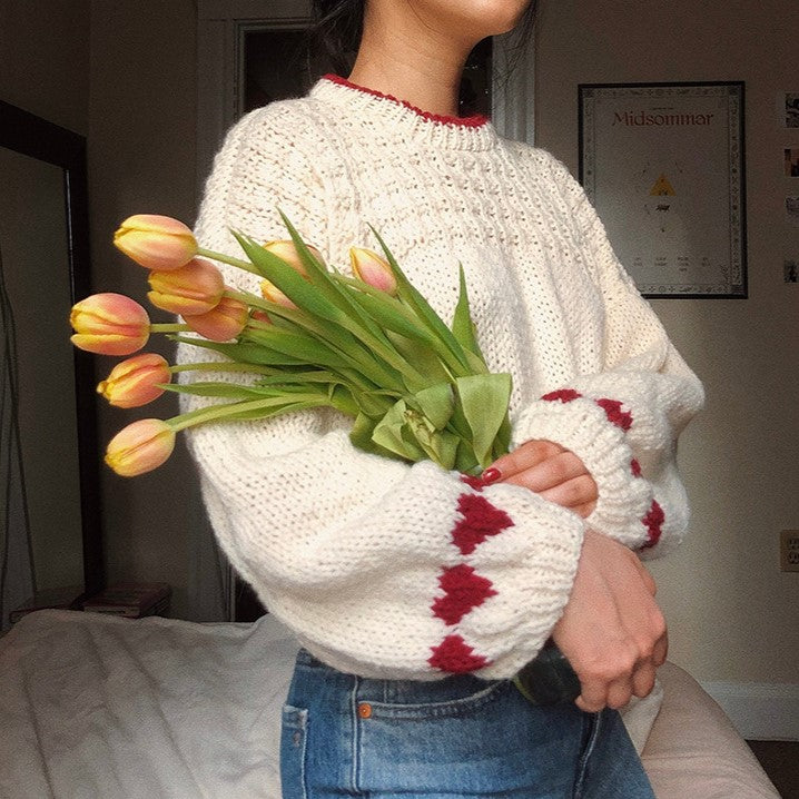 Heart Motif Waffle Knit Slouchy Sweater - Ivory