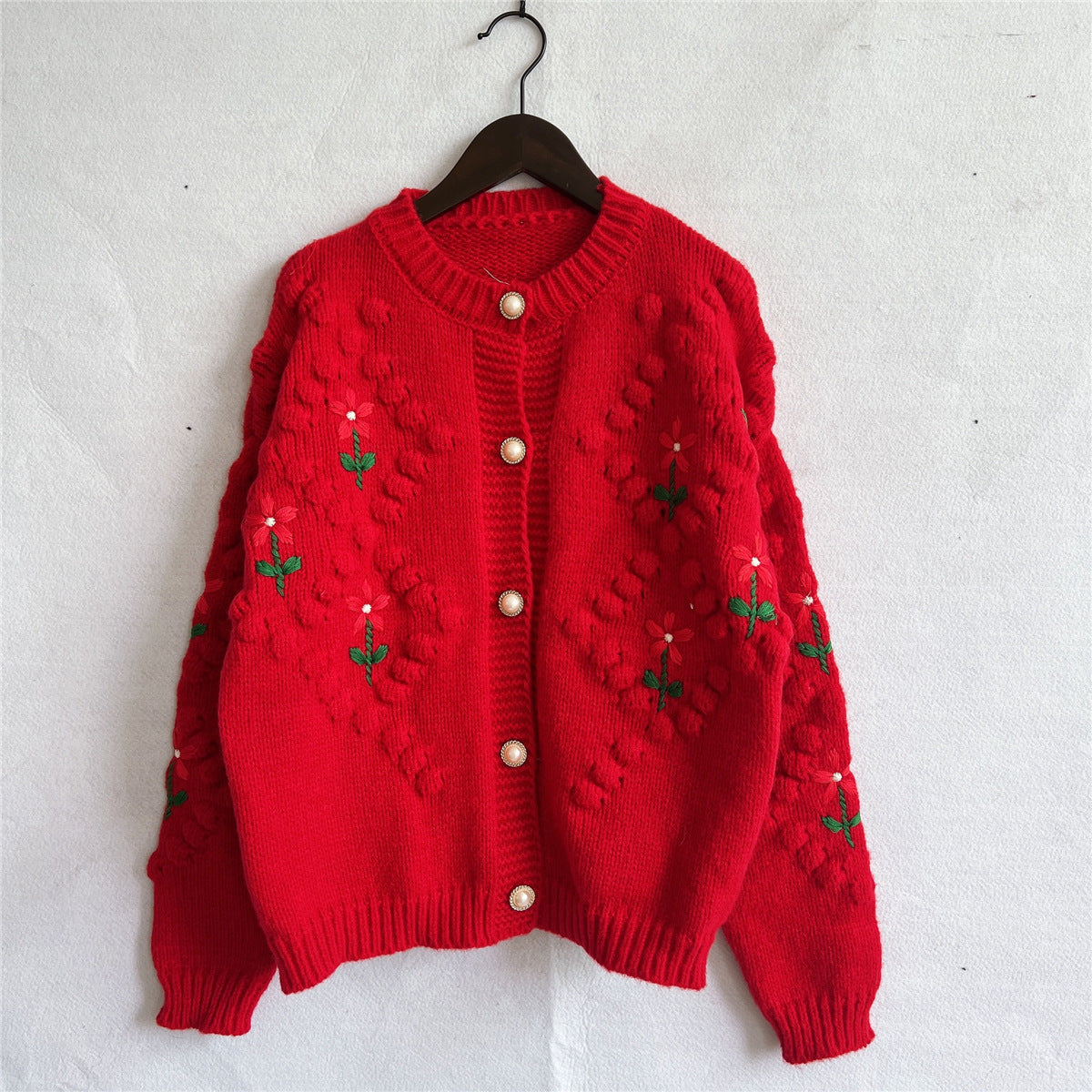 Floral Embroidered Bobble Knit Pearl Button Cardigan - Red