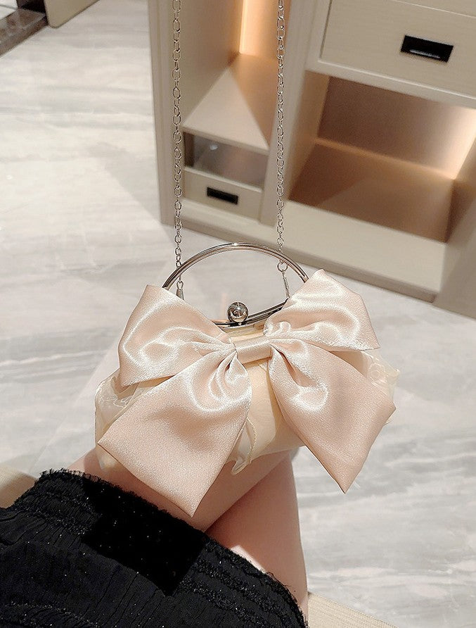 Satin Bow Frame Evening Handbag - Champagne
