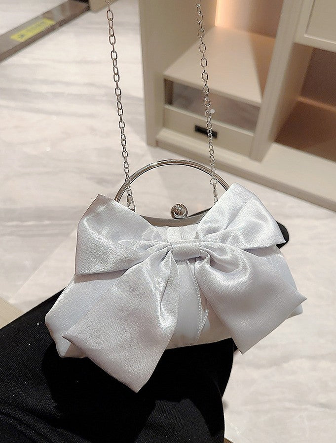 Satin Bow Frame Evening Handbag - Silver