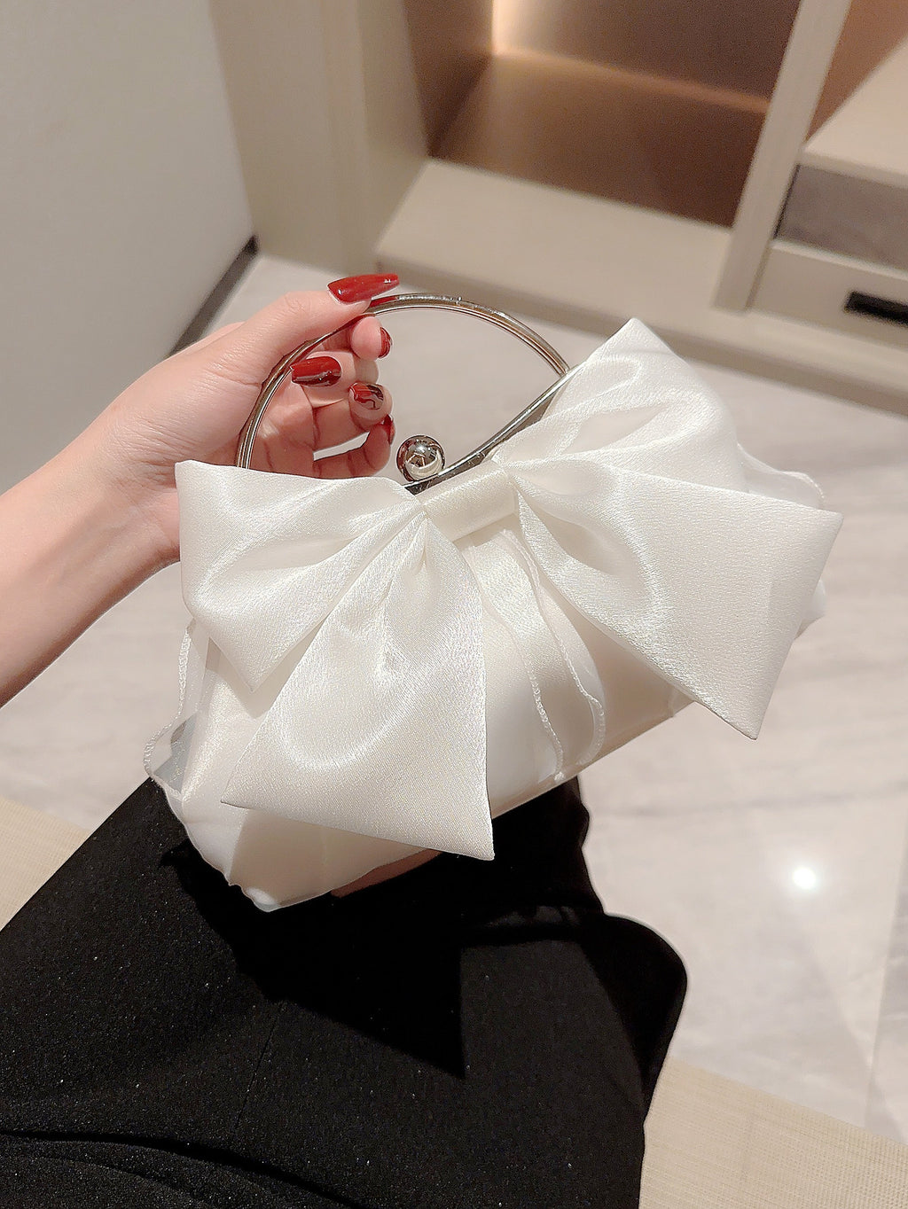 Satin Bow Frame Evening Handbag - White
