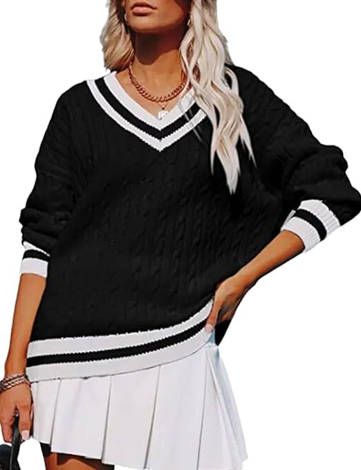 Cable Knit Cricket V-Neck Sweater - Black