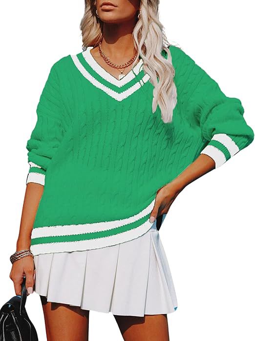 Cable Knit Cricket V-Neck Sweater - Green