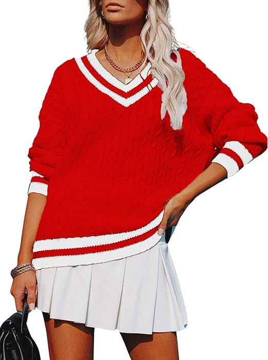 Cable Knit Cricket V-Neck Sweater - Red