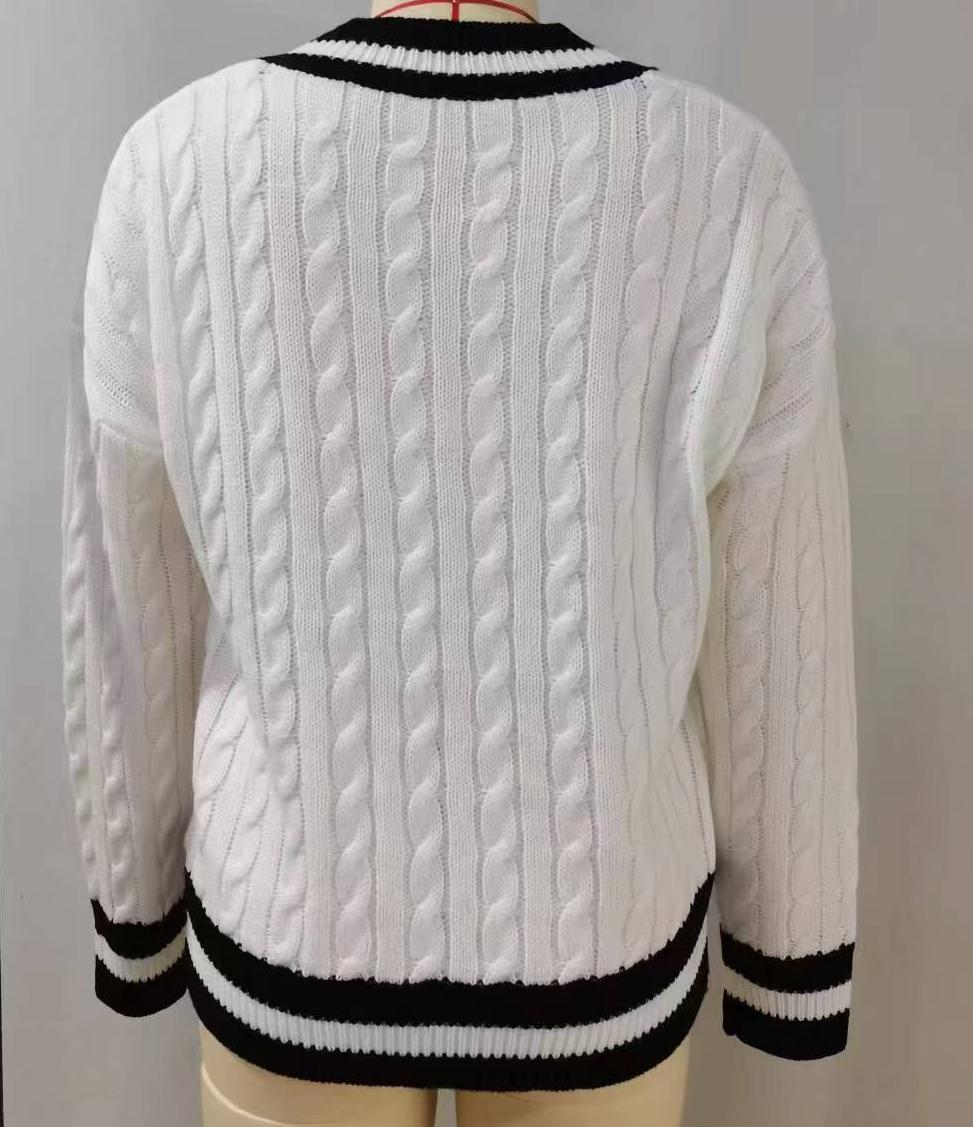 Cable Knit Cricket V-Neck Sweater - White