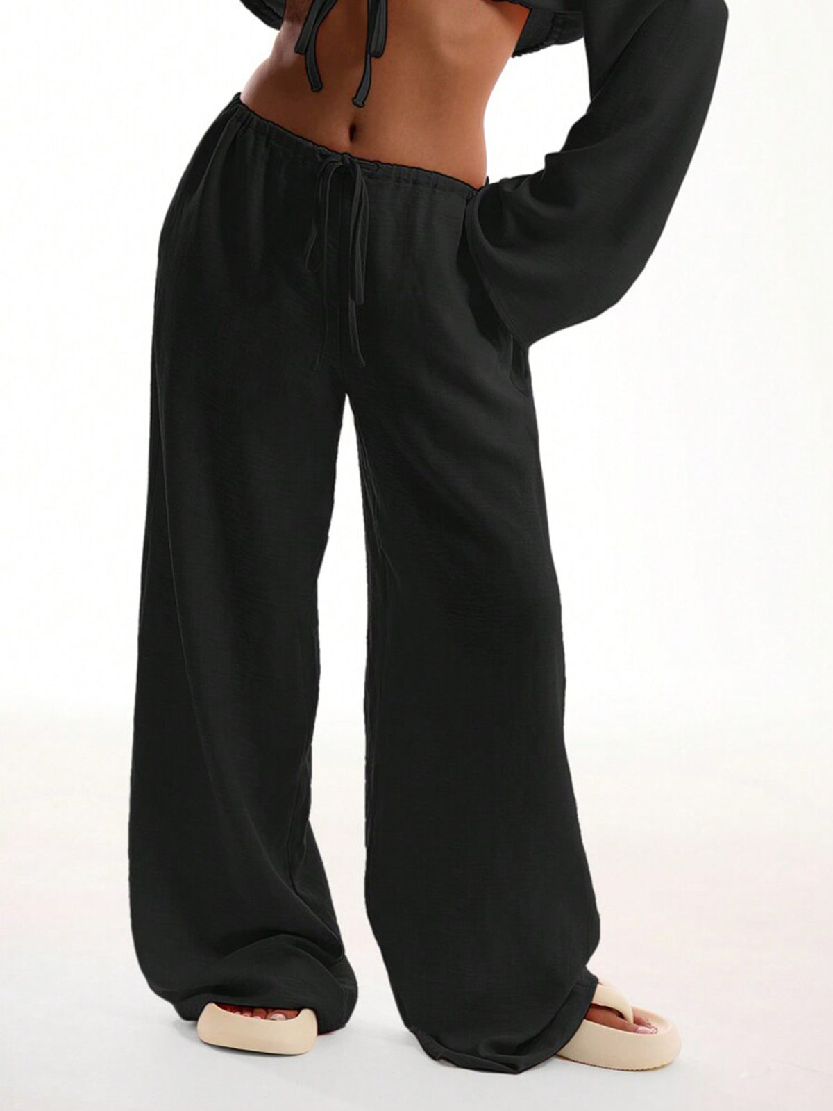 Elastic Waist Wide Leg Resort Pants - Black