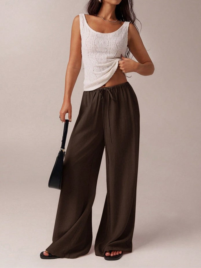 Elastic Waist Wide Leg Resort Pants - Coffee - 2