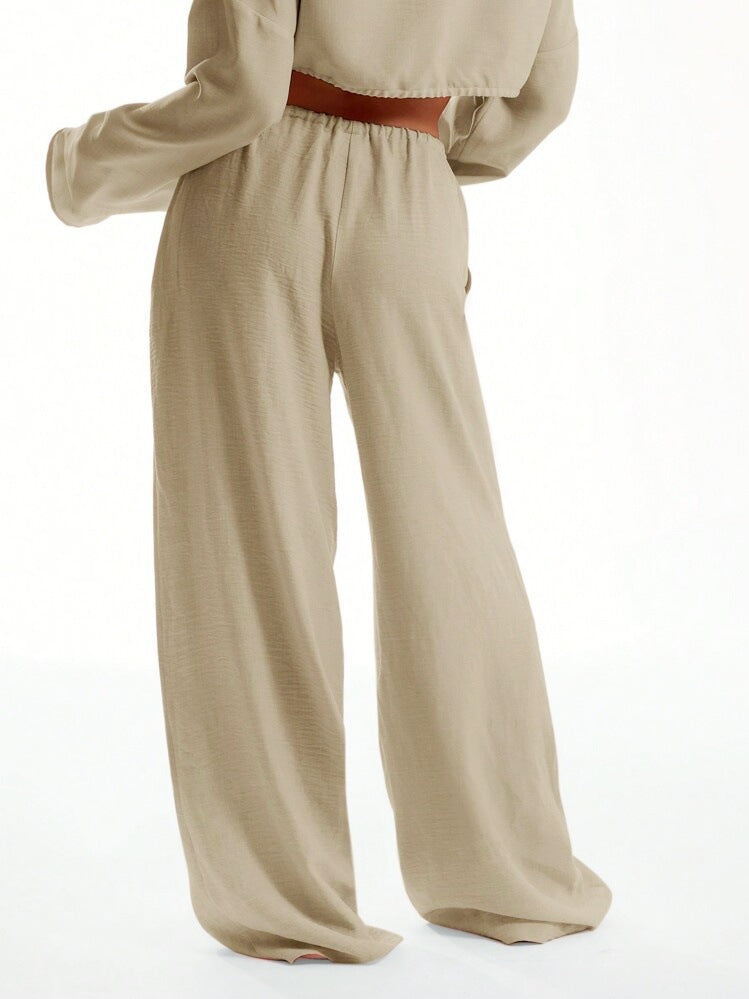 Elastic Waist Wide Leg Resort Pants - Khaki - 4