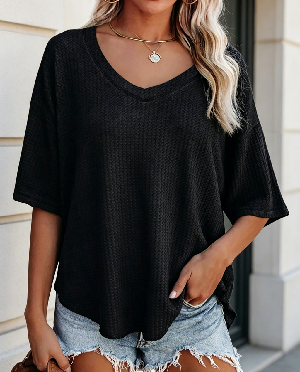 Waffle Knit V Neck Drop Shoulder Tee - Black