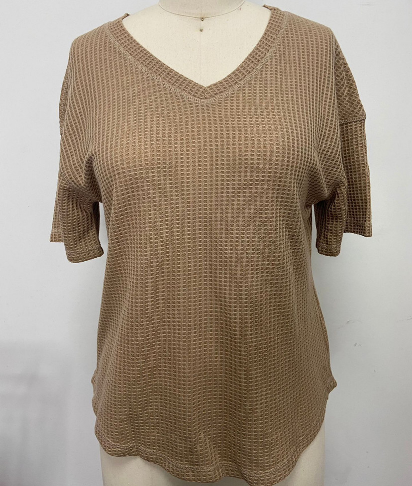 Waffle Knit V Neck Drop Shoulder Tee - Brown