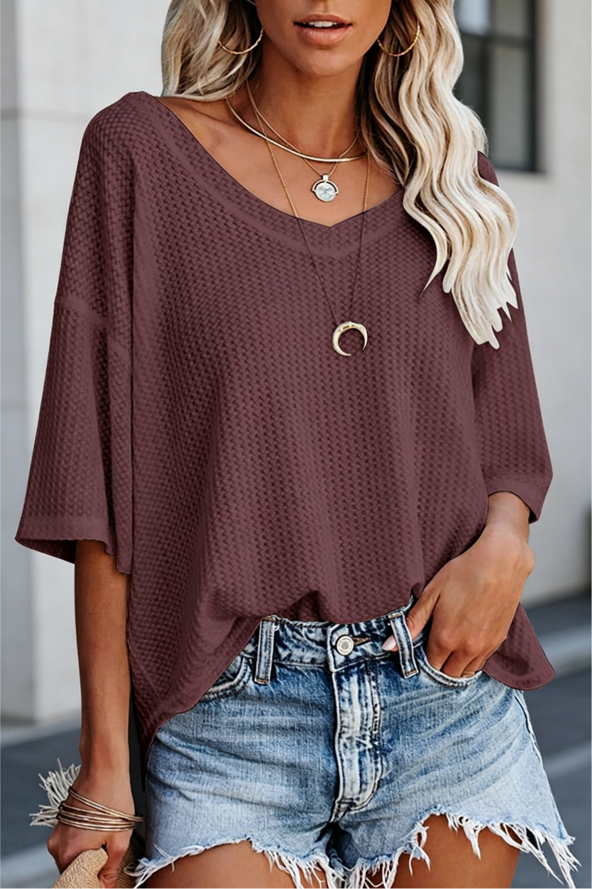 Waffle Knit V Neck Drop Shoulder Tee - Chestnut