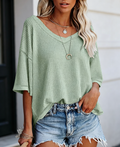 Waffle Knit V Neck Drop Shoulder Tee - Green