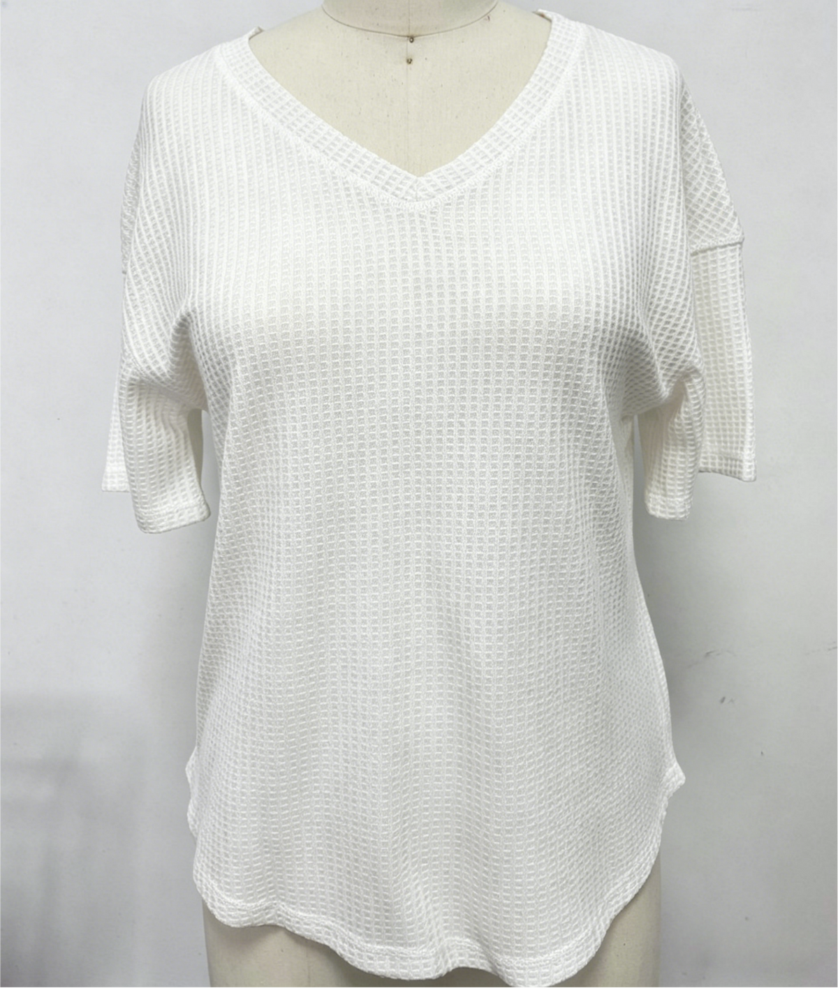Waffle Knit V Neck Drop Shoulder Tee - White