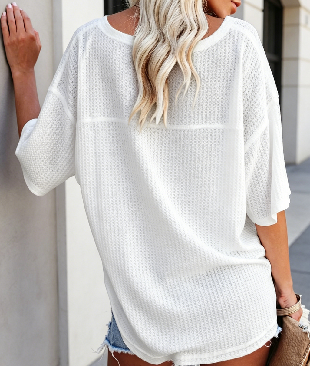 Waffle Knit V Neck Drop Shoulder Tee - White - 1