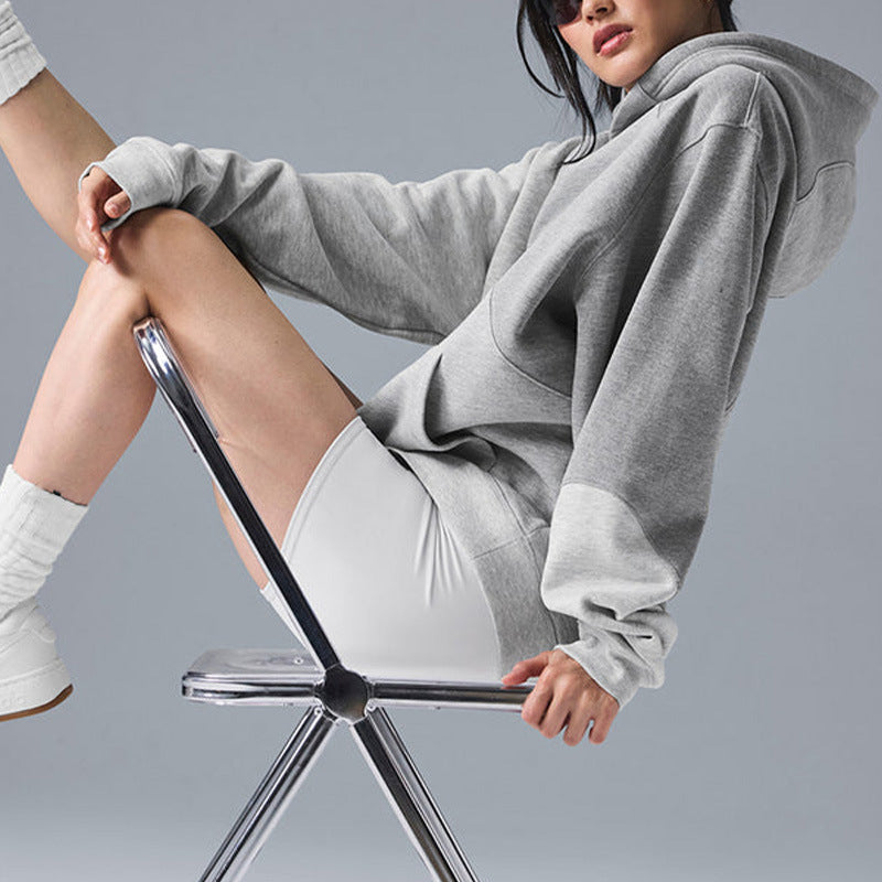 Patchwork Panel Oversized Fleece Hoodie - Grey_top - 1