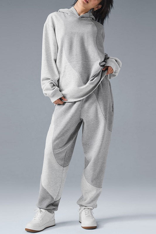 Patchwork Panel Oversized Fleece Hoodie - Grey_top - 2