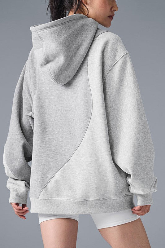 Patchwork Panel Oversized Fleece Hoodie - Grey_top - 4