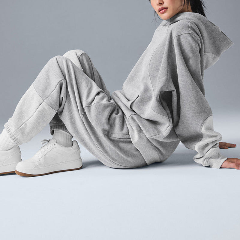 Patchwork Panel Oversized Fleece Hoodie - Grey_top - 5