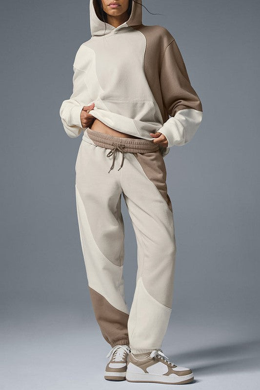 Patchwork Panel Oversized Fleece Hoodie - Khaki_top - 2