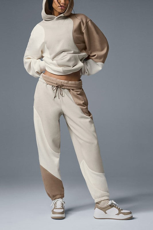 Patchwork Panel Oversized Fleece Hoodie - Khaki_top - 3
