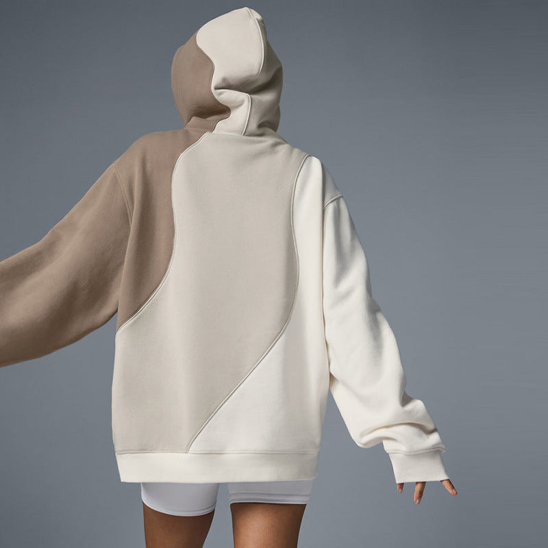 Patchwork Panel Oversized Fleece Hoodie - Khaki_top - 6