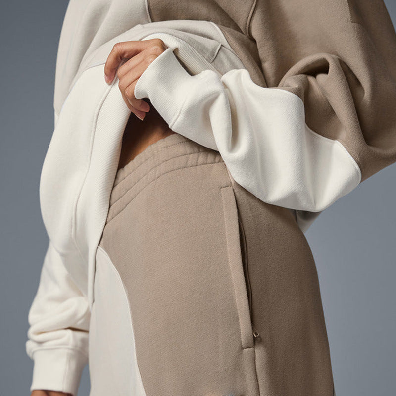 Patchwork Panel Oversized Fleece Hoodie - Khaki_top - 8