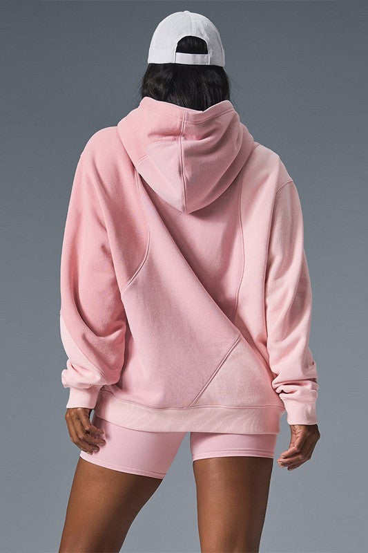 Patchwork Panel Oversized Fleece Hoodie - Pink_top - 1