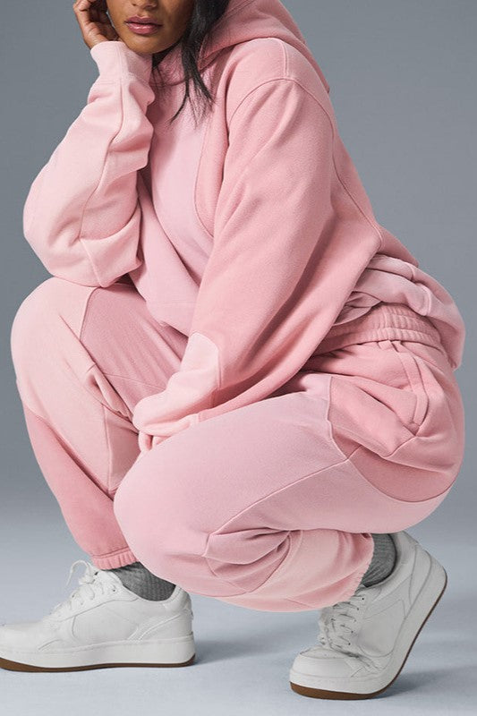 Patchwork Panel Oversized Fleece Hoodie - Pink_top - 2