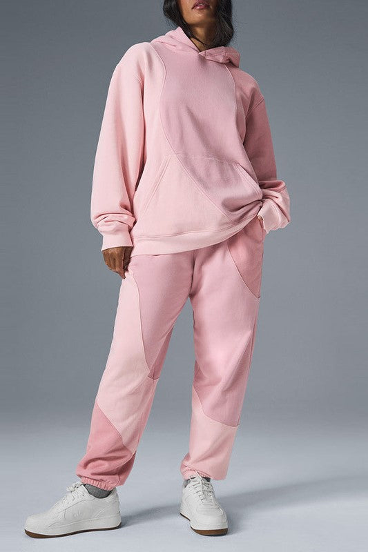 Patchwork Panel Oversized Fleece Hoodie - Pink_top - 3