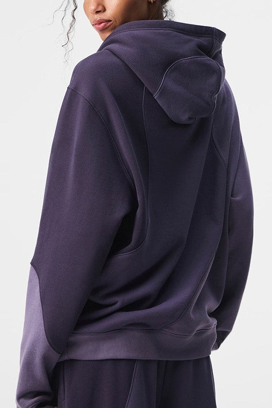 Patchwork Panel Oversized Fleece Hoodie - Purple_Top