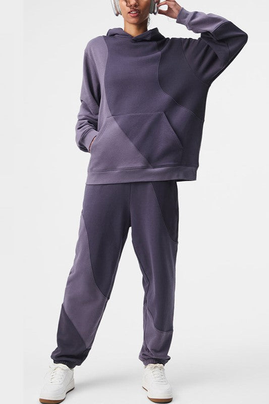 Patchwork Panel Oversized Fleece Hoodie - Purple_Top - 1