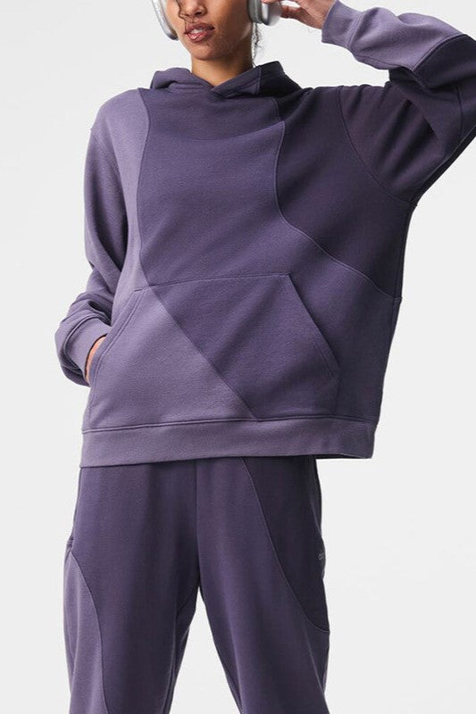 Patchwork Panel Oversized Fleece Hoodie - Purple_Top - 2
