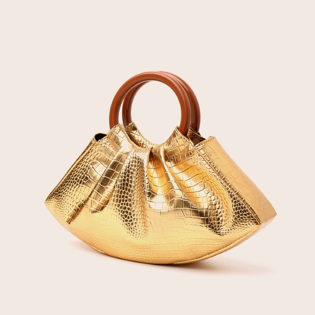 Pleated Dumpling Bag With Wooden Ring Handles - Gold